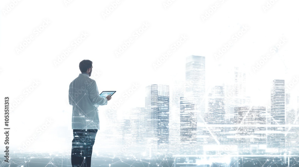 A male doctor engages with a tablet device, surrounded by a double exposure of a bustling smart city filled with digital connections and technology icons. A male doctor engages with a tablet device, surrounded by a double exposure of a bustling smart city filled with digital connections and technology icons.