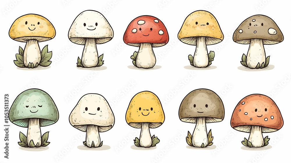 A set of ten cute cartoon mushrooms with different colors and expressions on a white background. A set of ten cute cartoon mushrooms with different colors and expressions on a white background.