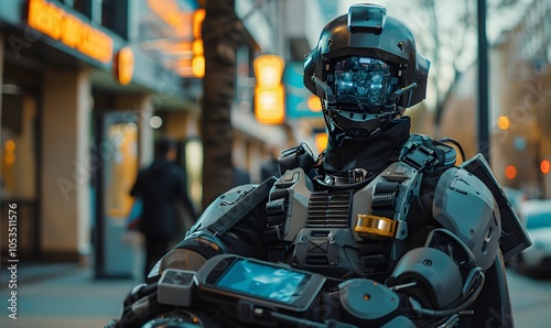 A high-tech humanoid robot officer stands on a city street, dressed in armored uniform. The futuristic design emphasizes cutting-edge law enforcement technology and public safety.