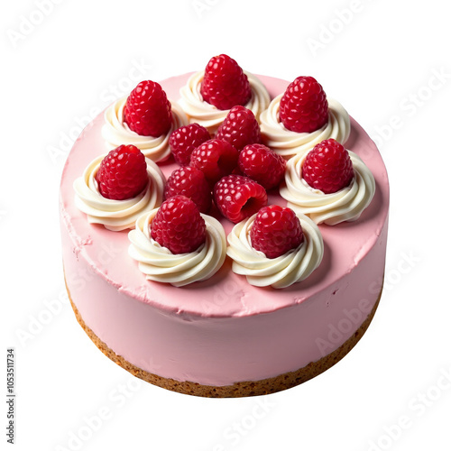 Ultra-realistic UHD photo of raspberry cream cake isolated on a transparent background, viewed from above with clear contours and lifelike accuracy for an inviting dessert display. 