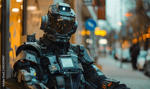 A high-tech robot in a military-style uniform stands guard on a modern street. The photo showcases the fusion of robotics with urban security operations.