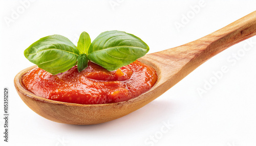 Wooden spoon full of tomato sauce with fresh basil isolated on white background. ai generated photo