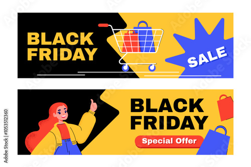 Black Friday 2024 sale web banners set with colorful shopping graphics. Perfect for promotions, ads, and website headers. Includes vibrant designs with sale details and shopping cart elements.