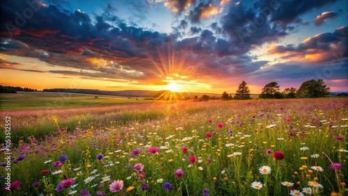 Wallpaper Mural Wide-angle tranquil sunset over blossoming wildflower meadow, breathtaking landscape photography showcase Torontodigital.ca