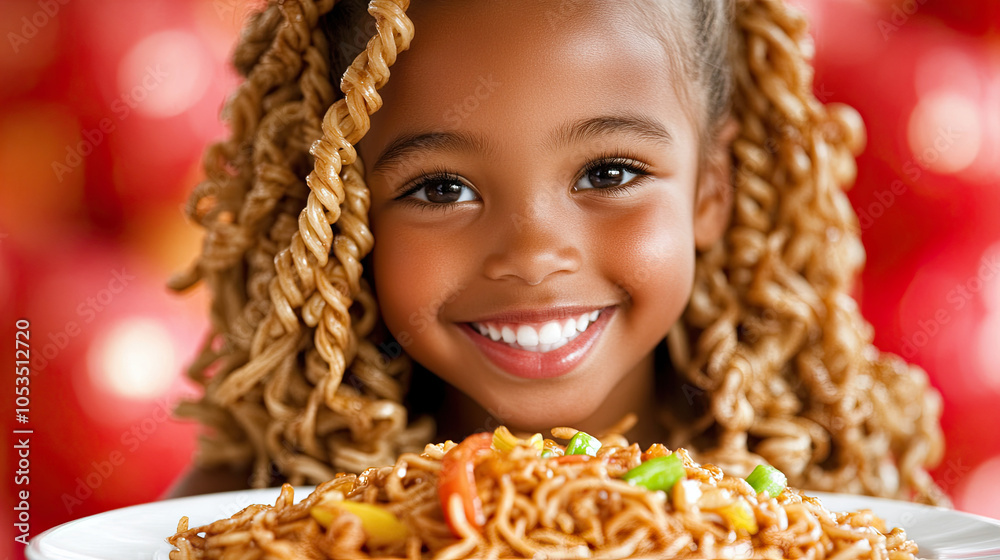 A Cheerful Young Girl Holding a Plate of Noodles at a Vibrant, Colorful Restaurant During a Sunny Afternoon