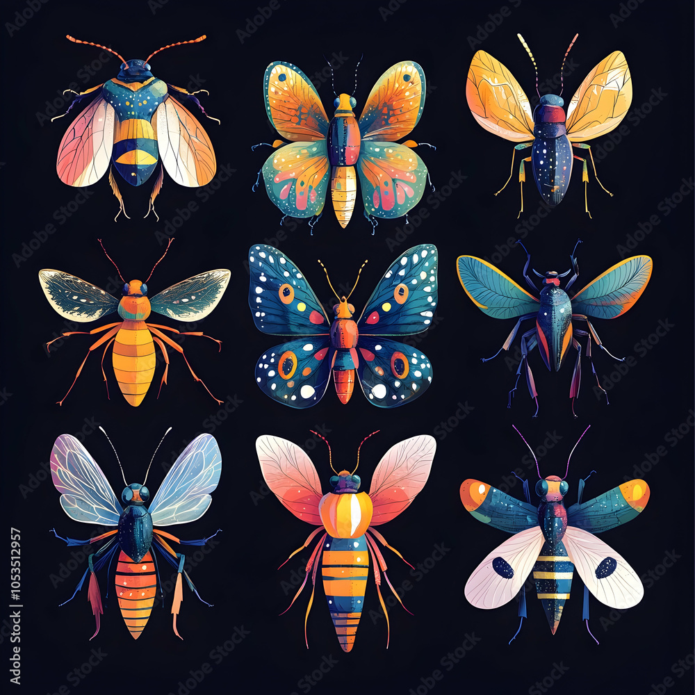 Fototapeta premium Colorful insects with different patterns and shapes on a black background.