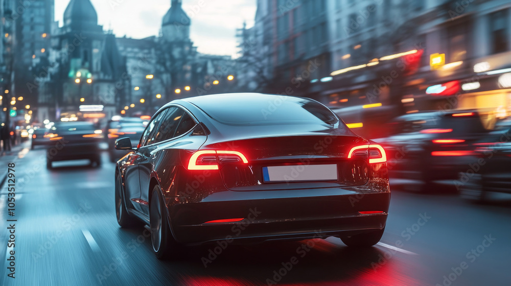 A sleek car navigates through heavy traffic on a bustling city street in the evening, showcasing urban life and motion A sleek car navigates through heavy traffic on a bustling city street in the evening, showcasing urban life and motion