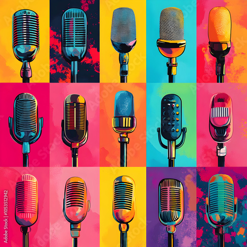 Colorful grid of vintage microphones.