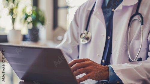 A healthcare provider conducts a telemedicine consultation while using a laptop in a bright, modern office space