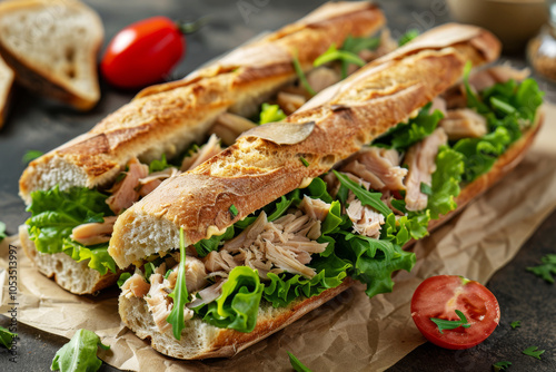 Closeup of a tuna salad, lettuce and tomato submarine sandwich