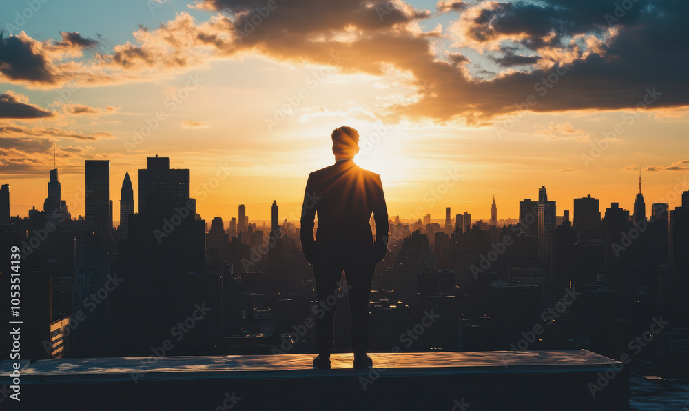 Silhouette of businessman standing on rooftop overlooking city skyline at sunset. He appears confident and hopeful as he looks towards future Silhouette of businessman standing on rooftop overlooking city skyline at sunset. He appears confident and hopeful as he looks towards future