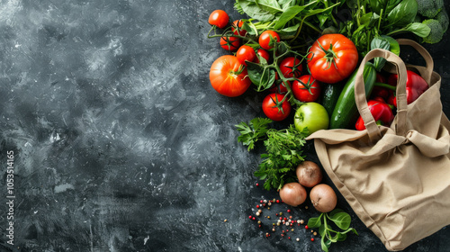 Fresh grocery haul featuring vibrant vegetables and herbs arranged beautifully on a dark surface ready for meal preparation