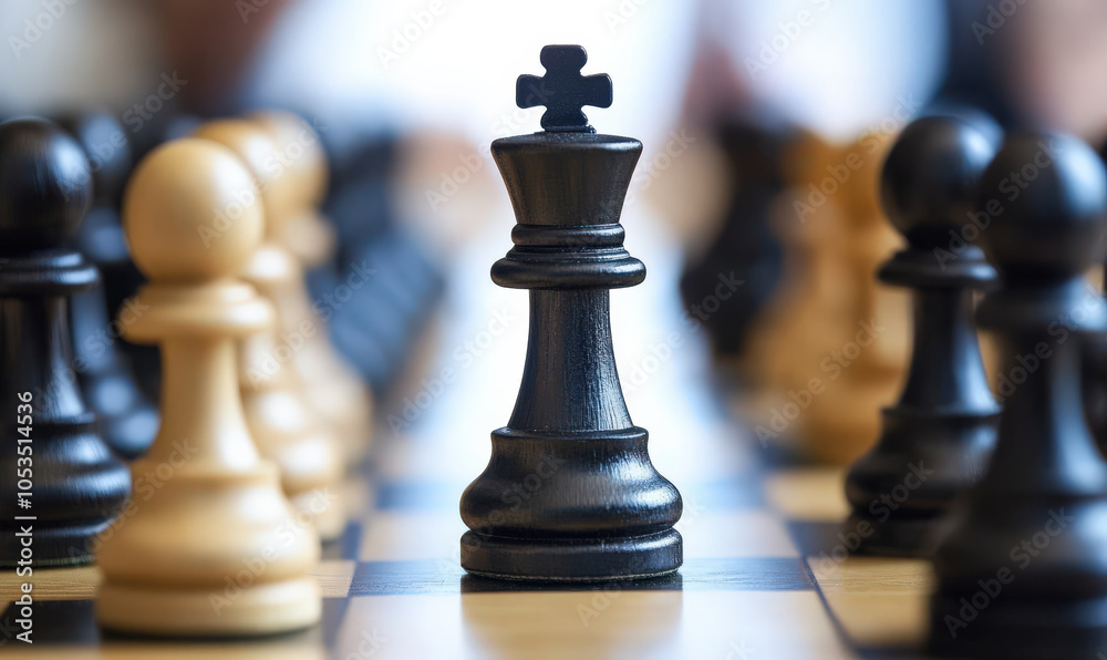 black chess king stands tall on chessboard, surrounded by other pieces, representing leadership and strategy black chess king stands tall on chessboard, surrounded by other pieces, representing leadership and strategy