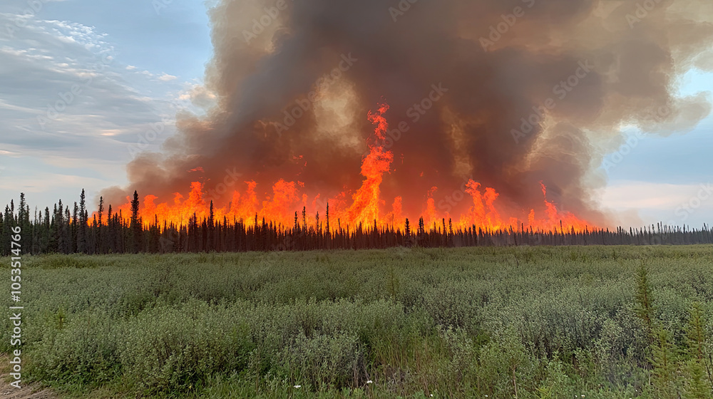 Naklejka premium Wildfire Spreads Rapidly in a Dense Forest Area During Sunset Near a Rural Landscape