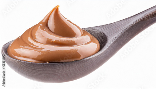 Hazelnut cream in spoon isolated on white background, full depth of field. ai generated