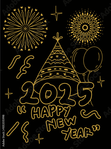 Hand Drawing Doodle Happy New year with firework illustration on black background and gold line art