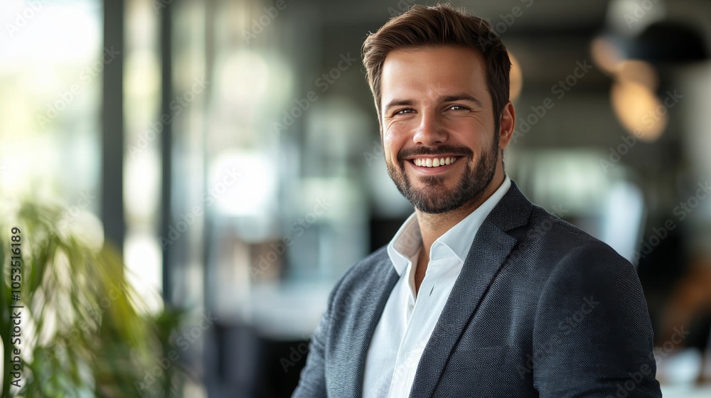 Businessman smiling confidently in a luxurious office after closing a significant deal during a bright sunny day