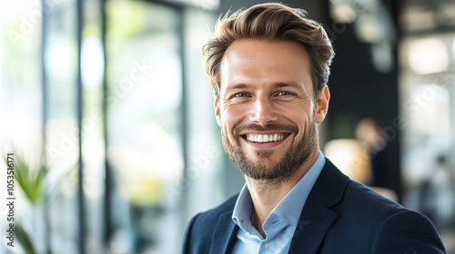 Smiling European businessman celebrates success in a luxurious office as bright sunlight fills the modern workspace after closing a significant deal