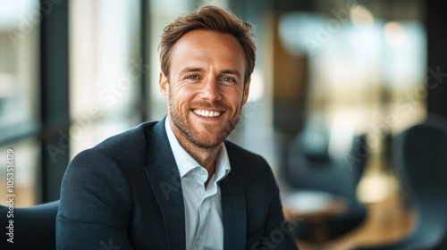 Businessman smiling confidently in a modern office after sealing a successful deal during a bright sunny day