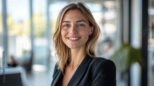 Smiling European businesswoman celebrates success in a luxurious office after closing a significant deal during a bright, sunny day