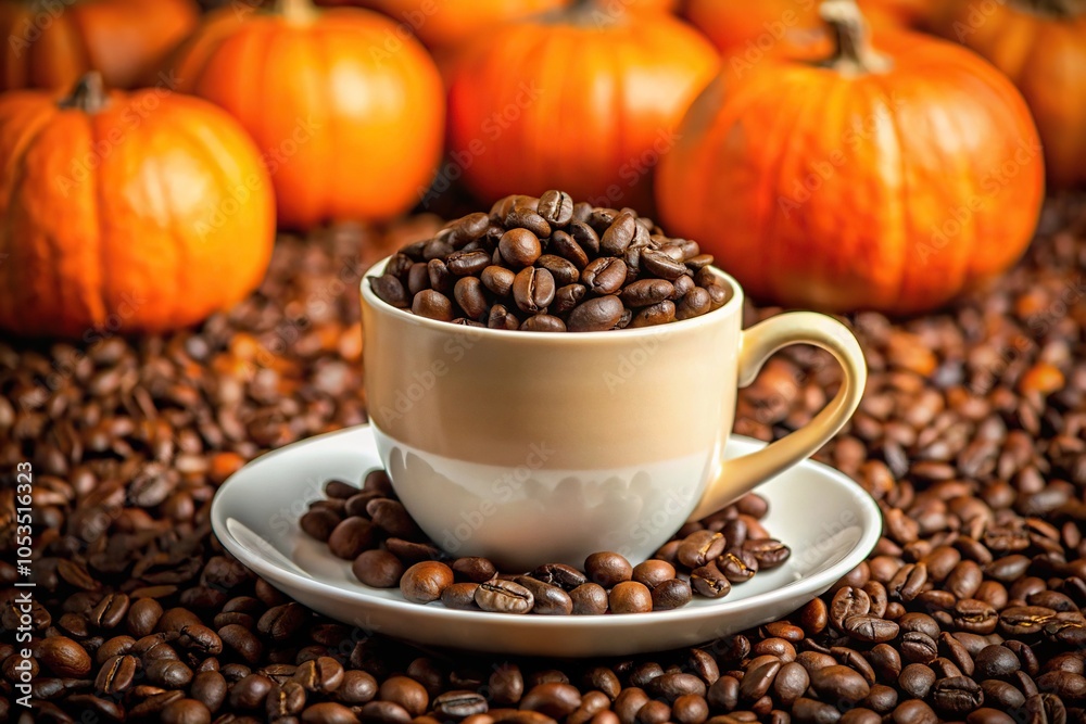 Wide-angle white coffee cup with coffee beans on orange pumpkin background Wide-angle white coffee cup with coffee beans on orange pumpkin background