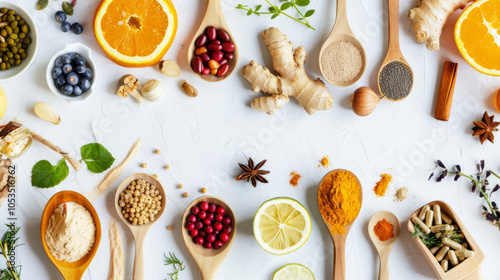 Wallpaper Mural A vibrant assortment of spices, herbs, and fresh ingredients arranged on a white background for health and wellness inspiration Torontodigital.ca