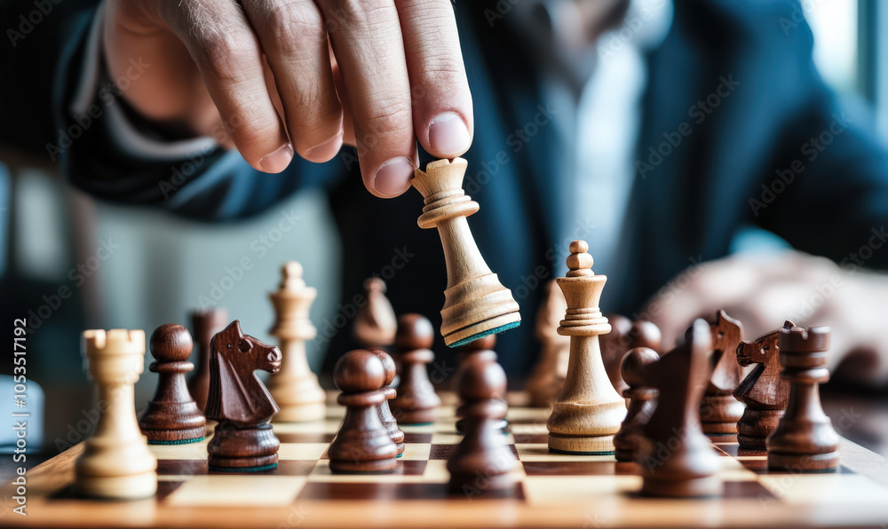 mans hand moves chess piece on chessboard, suggesting moment of strategic thought and decision making mans hand moves chess piece on chessboard, suggesting moment of strategic thought and decision making