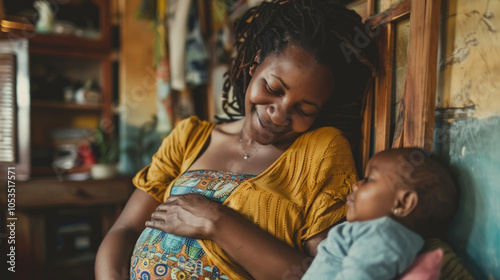 A mother lovingly embraces her baby while preparing for a natural birth at home in a cozy, inviting setting photo