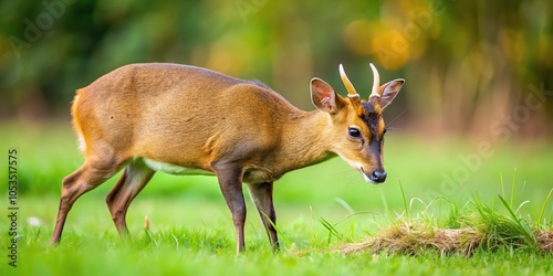 Wild buck Muntjac Deer feeding in UK field photo