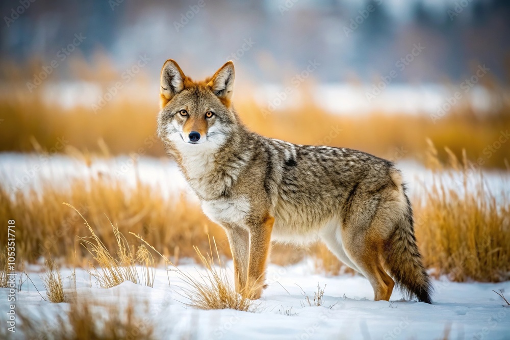Obraz premium Wild coyote hunting in a grassy field during winter