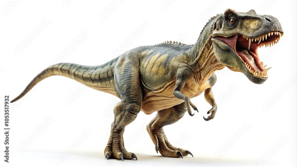 Wild dinosaur toy in forced perspective isolated on white background