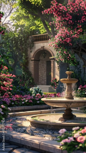 Tranquil garden with blooming flowers and a water fountain, 4K hyperrealistic photo