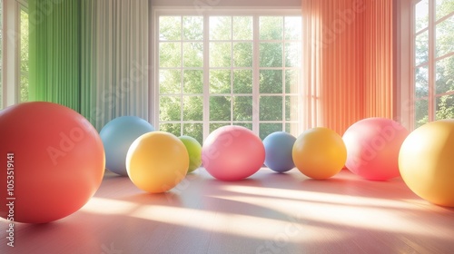 Colorful Balloons in a Sunlit Room with Large Windows and Drapes