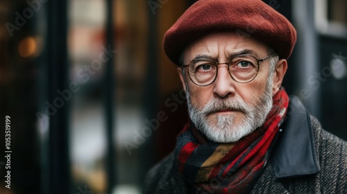 Middle-aged French man with a beret and a stylish scarf.