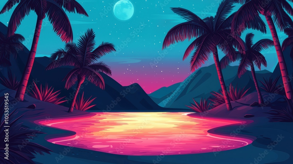 A serene tropical scene at dusk features a glowing water surface reflective of colorful skies, surrounded by palm trees and mountains under a starry night. A serene tropical scene at dusk features a glowing water surface reflective of colorful skies, surrounded by palm trees and mountains under a starry night.