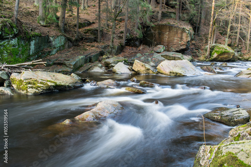 A long exposure shot of the Divoká Orlice River flowing through an autumn forest. photo