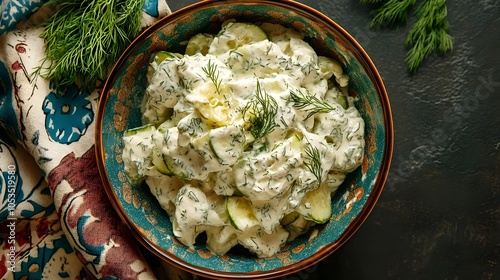 Polish Cucumber Salad Mizeria with Fresh Dill and Decorative Napkin (Polish Cuisine) photo