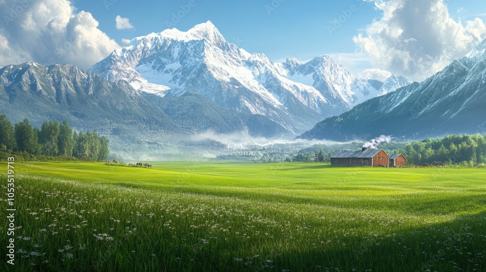 Obraz premium Vast grassland farm with snow-capped mountains in the background; serene landscape perfect for nature or outdoor themes