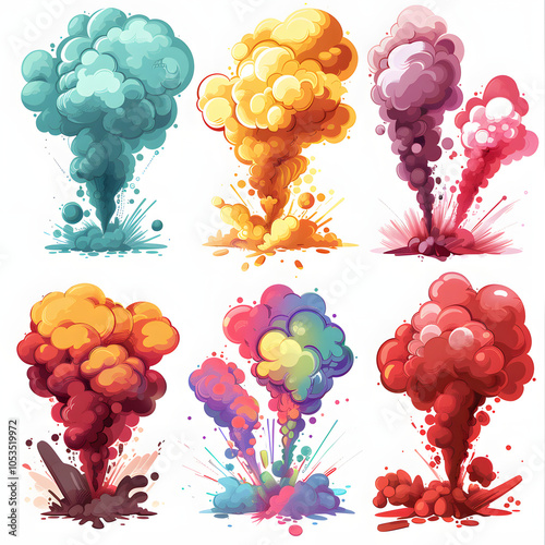 a collection of vibrant cartoon explosions and smoke effects for dynamic visual projects with white shades, png photo