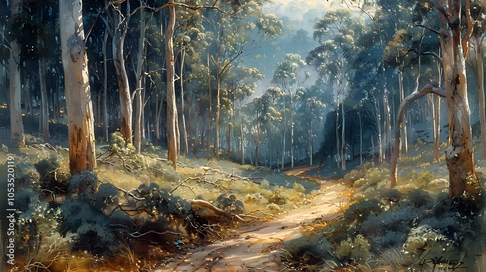 Fototapeta premium Eucalyptus forest path draw a winding path. AI generated