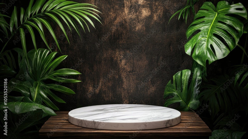 White marble round platform for product display on a textured black and brown wooden background with lush palm and monstera leaves White marble round platform for product display on a textured black and brown wooden background with lush palm and monstera leaves