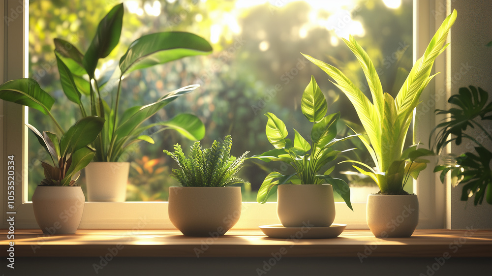 Fototapeta premium 朝日差す窓辺の観葉植物