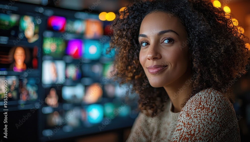 Fototapeta premium Smiling woman in front of a screen displaying multimedia content. Concept of creativity and technology.
