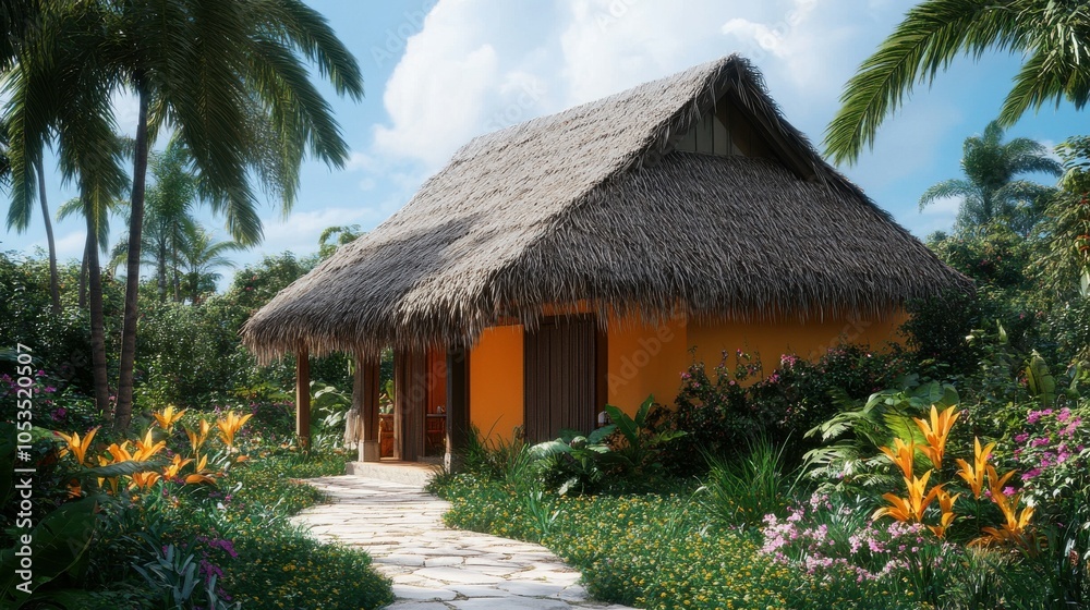 Tropical house with a thatched roof. Tropical house with a thatched roof.