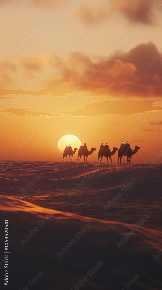 Tranquil scene of camel caravan against desert sunset, 4K hyperrealistic photo