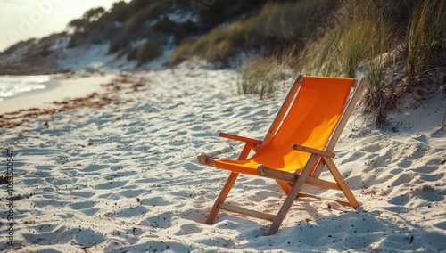 Orange beach chair on sandy shore. Concept of relaxation and vacation. photo