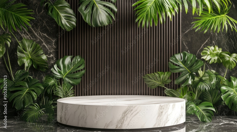 White marble round podium with a sleek black-brown wooden backdrop, accented by palm and monstera leaves; futuristic 3D pattern adds depth White marble round podium with a sleek black-brown wooden backdrop, accented by palm and monstera leaves; futuristic 3D pattern adds depth