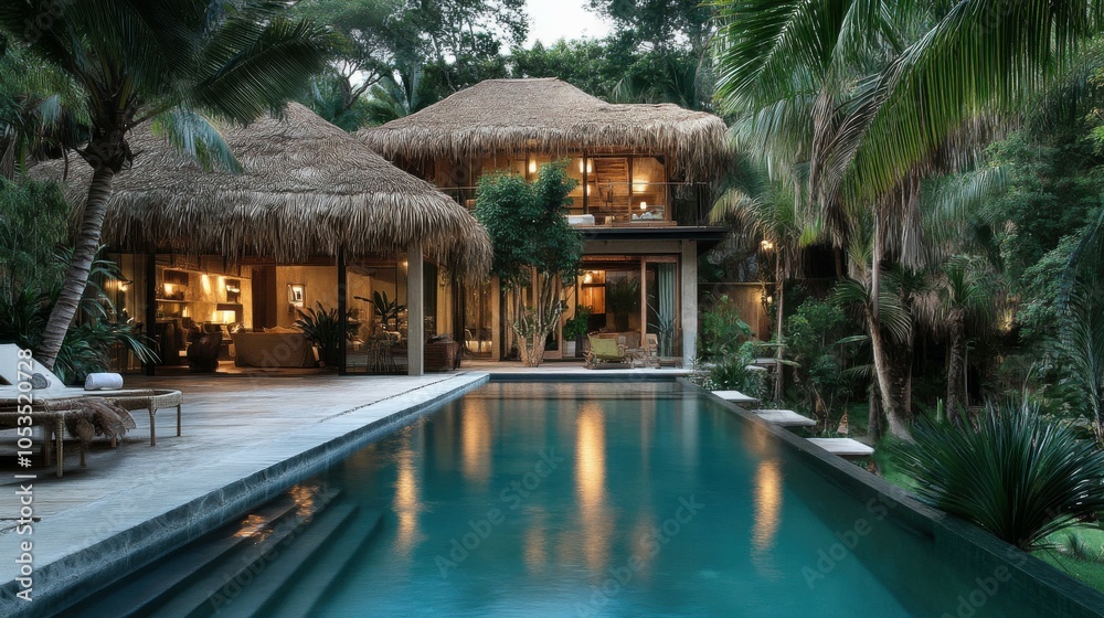 Tropical retreat with a thatched roof and palm tree-lined pool. Tropical retreat with a thatched roof and palm tree-lined pool.