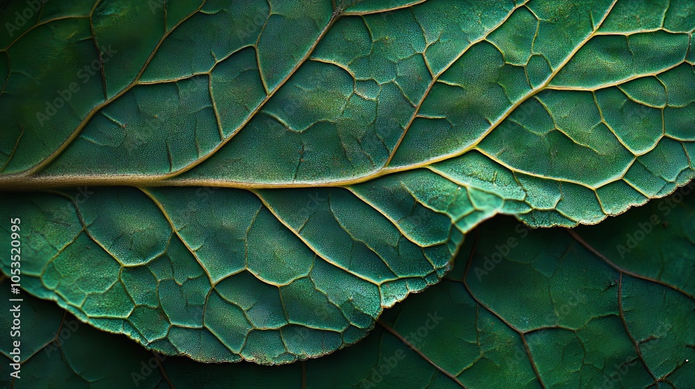 Close-up of a leaf's surface, emphasizing the detailed vein patterns and green cell textures with high precision Close-up of a leaf's surface, emphasizing the detailed vein patterns and green cell textures with high precision