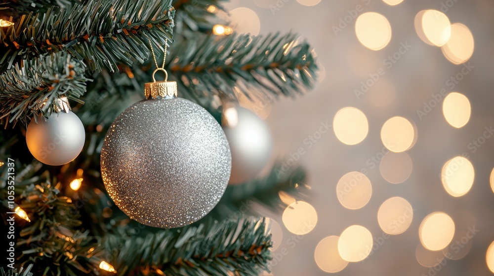 A shimmering silver ornament hangs on a Christmas tree with warm bokeh lights. A shimmering silver ornament hangs on a Christmas tree with warm bokeh lights.